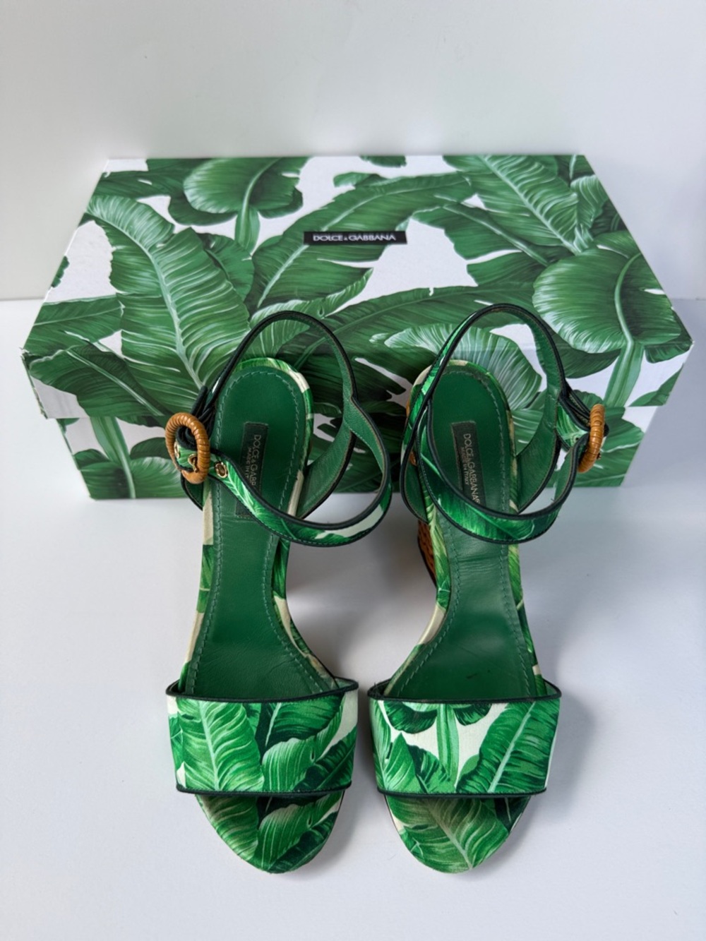 Dolce & Gabbana Palm-Print Green Banana Leaf Raffia Block Heel Sandals size 7 - Picture 11 of 17